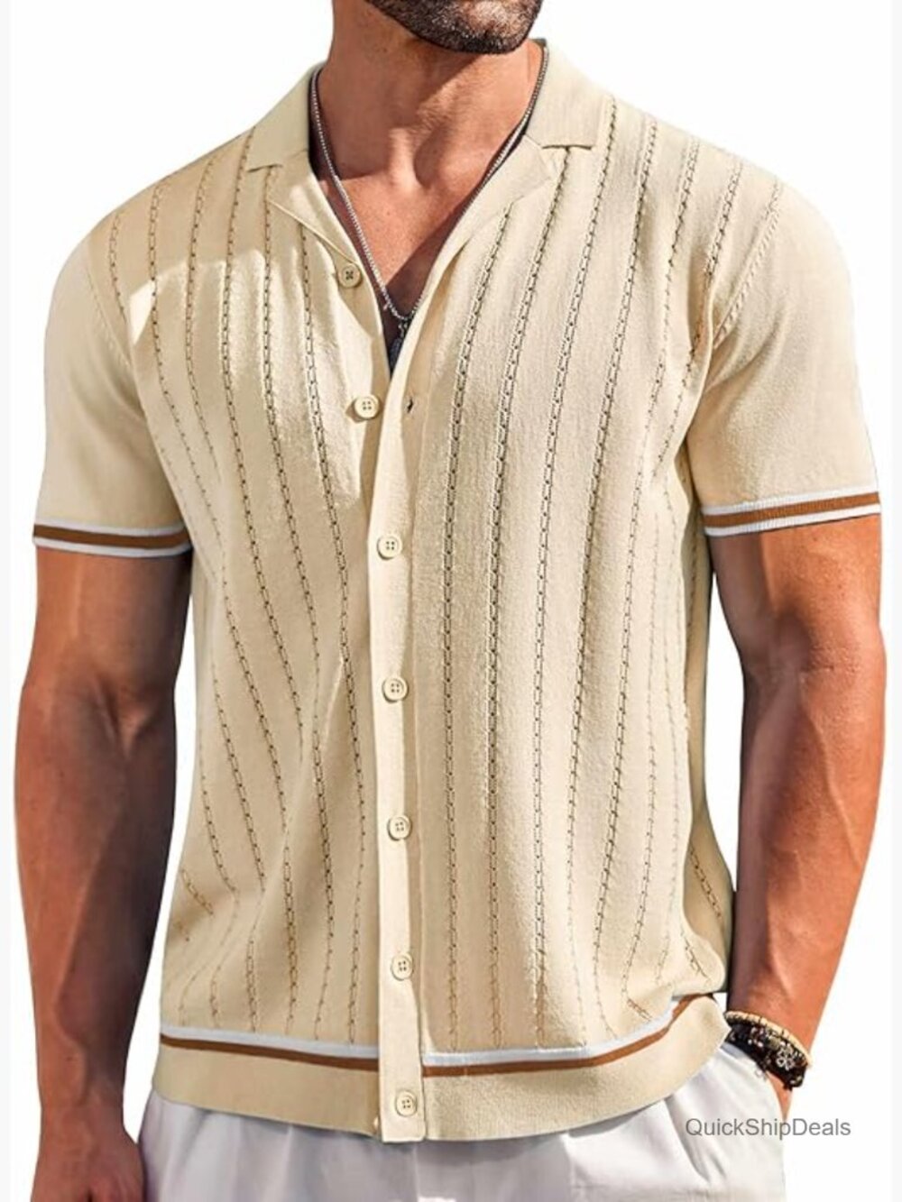 Men's Short Sleeve Knit Button Down Shirt Casual Vintage Golf Beach Top